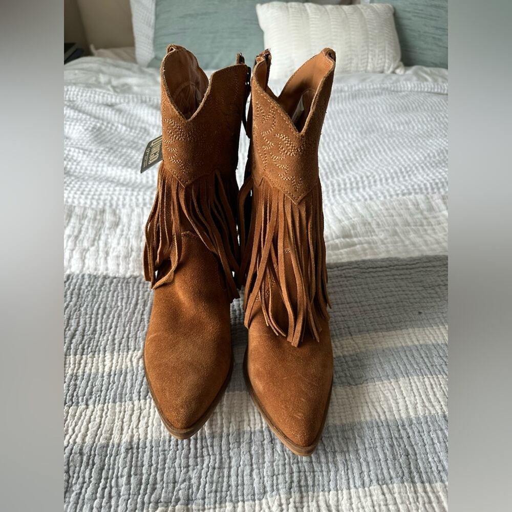 Dingo Fringe Cowboy Booties Womens 9 Camel Suede Western Embroidered Boots - Picture 5 of 10